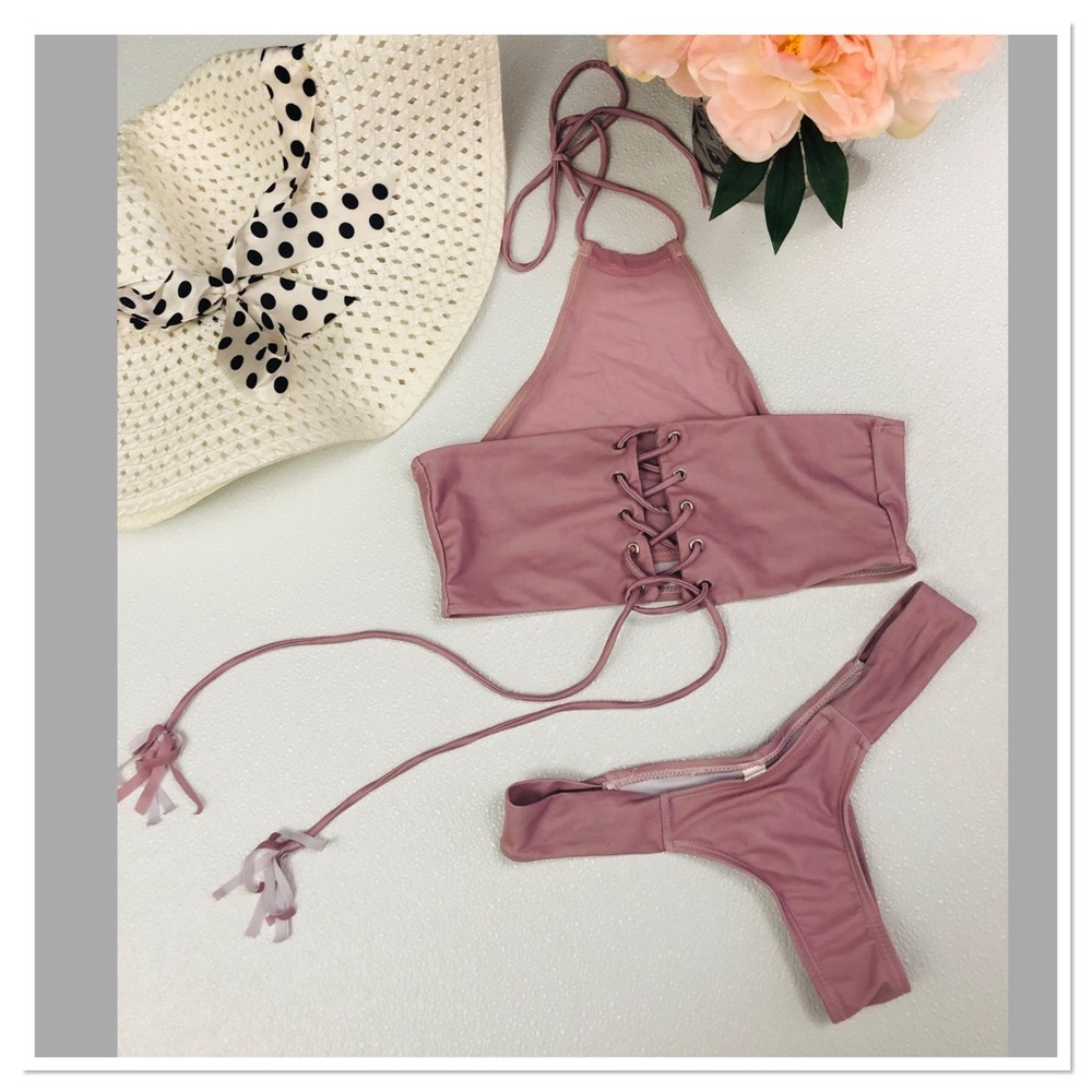 Mesh nude blush pink lace up ruched bikini set - Picture 3 of 7